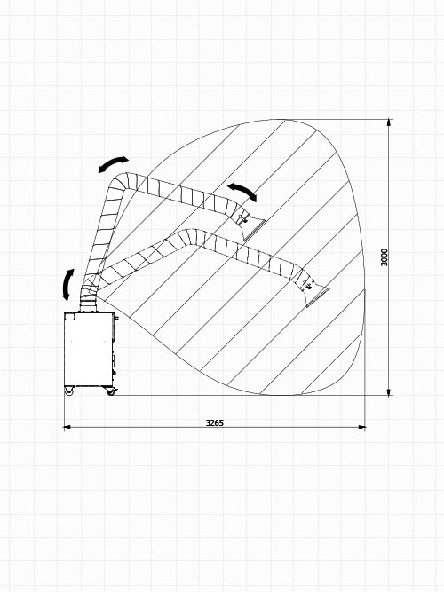 Boxair Basic - zasięg pracy z ramieniem HA 1630P